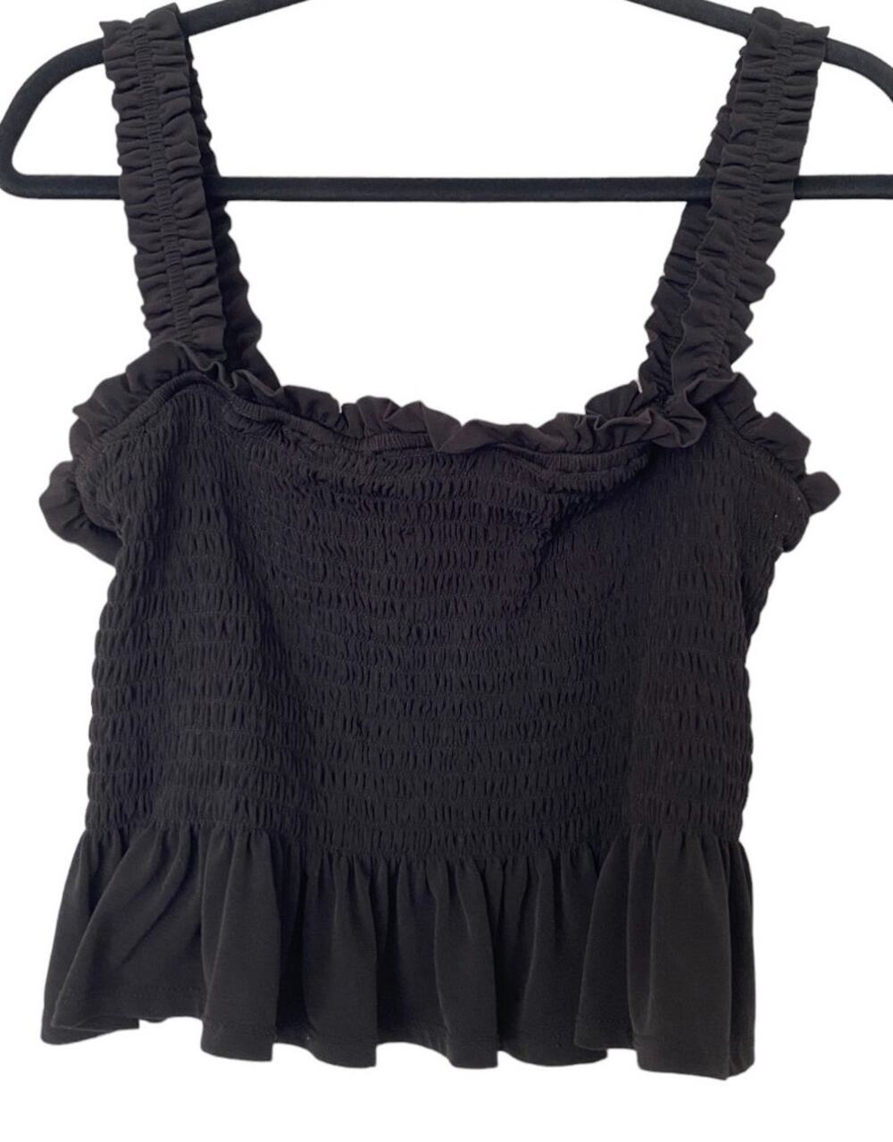 BCBG Generation Black Smocked Cami Large Y2K Bohemian Cottagecore Ruffle Peplum